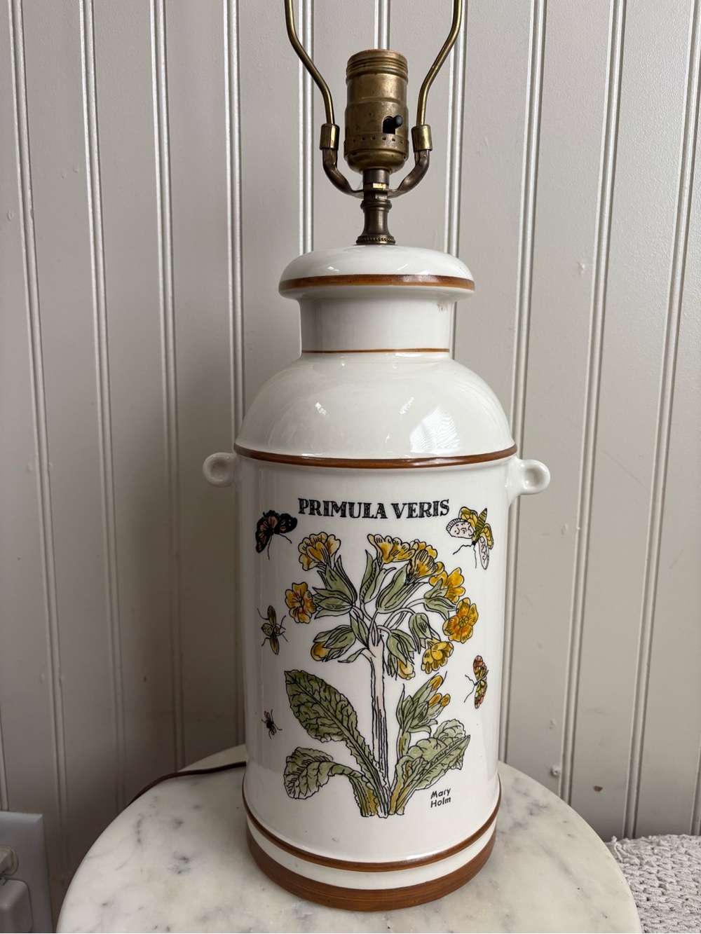 Vintage Mary Holm Painted Ceramic Table Lamp Botanical Primula Veris Cowslip 70s